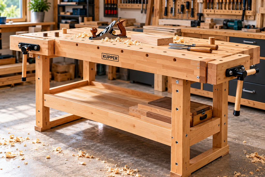 WERKSTATT & ZUBEHÖR detailreiche holzwerkbank in der modernen werkstatt