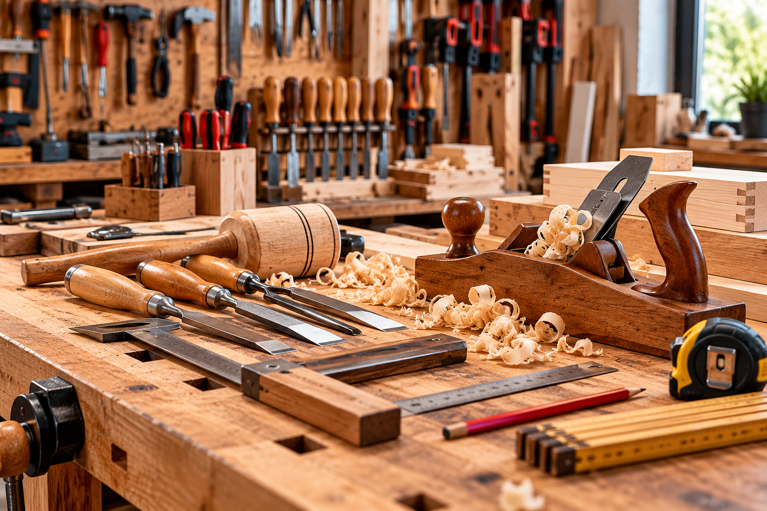Home handwerkzeuge auf der holzwerkbank