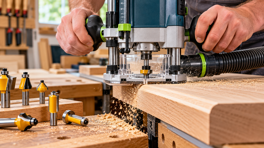 oberfräse beim kantenfräsen in der werkstatt