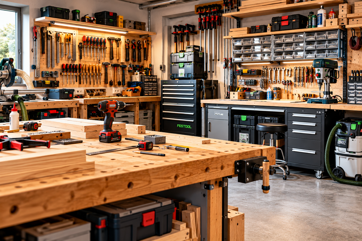 Home perfekt organisierte holzwerkstatt mit werkzeugen